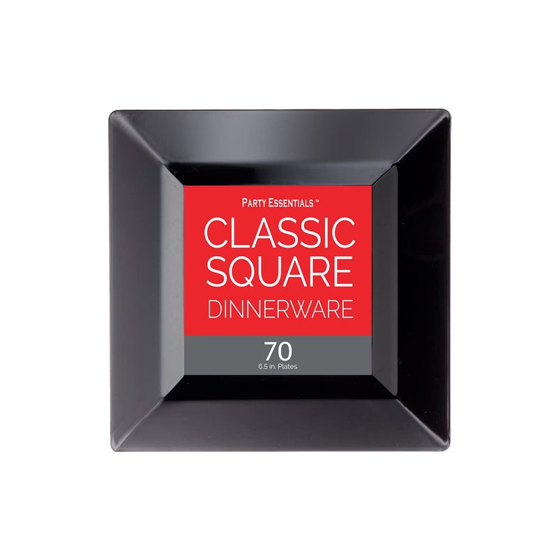 Party Essentials Party Supplies Disposable Classic Square Plastic Plates For Wedding/All Occasions, 6.5", 70-Count, Black - Image 4